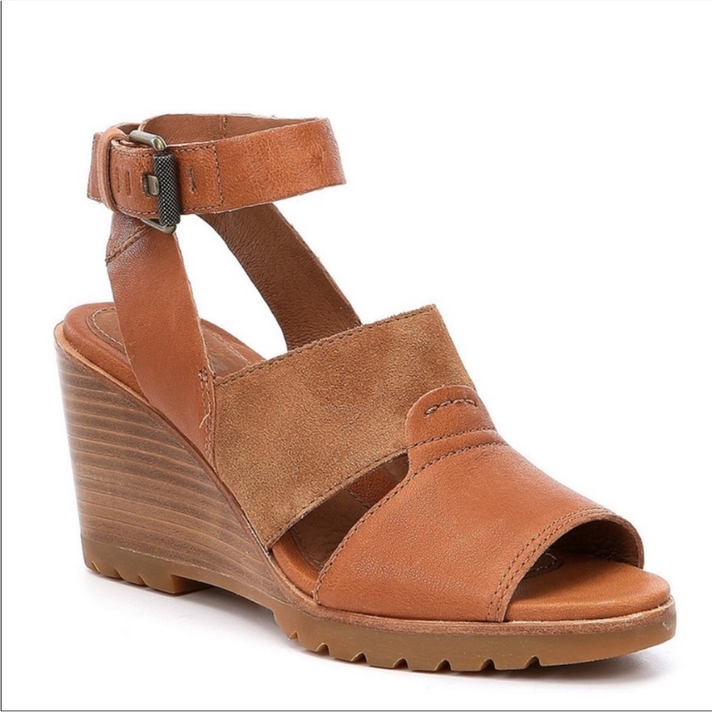 SOREL After Hours Camel Brown Leather Wedge Strappy Sandals Size 10